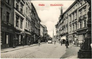 Olomouc, Olmütz; Elisabethstrasse, A. Brecher, Leopold Lachnik, Apotheke, Conditorei, Franz Innemann / street, tram, pharmacy, shops, confectionery (Rb)