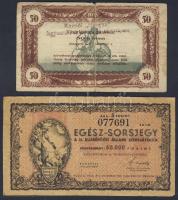 1920-as évek 50K "vásárlási visszatérítés, Komlói Hangya fogyasztási.." fny-sal T:III/IV + 1946. II.Újjáépítési Állami Sorsjáték 5Ft-os egész sorsjegye T:III-