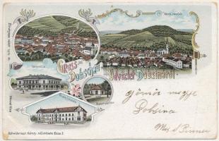 Dobsina, Dobschau; Városháza, Állami polgári fiúiskola, Népkert pavilon, látkép. Schwidernoch Károly műintézete / town hall, park pavilion, boys' school, general view. Art Nouveau, floral, litho (lyuk / pinhole)