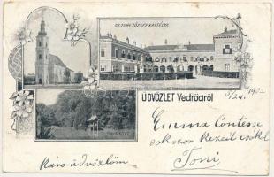 1902 Vedrőd, Voderady; Gróf Zichy József kastély, park, templom / castle, park, church. Art Nouveau, floral (szakadás / tear)