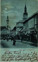 1903 Nagyszombat, Tyrnau, Trnava; Nagy Lajos utca, Fő tér, piac, üzletek. Horovitz Adolf kiadása / street view, main square, market, shops (felületi sérülés / surface damage)
