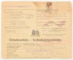 1915-1918 Michailovits György huszár főhadnagy, a cs. és kir. 10. huszárezred tagja részére kiállított szabadságigazolvány és menetlevél, bélyegzésekkel, foltos, sérült állapotban