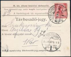 1911 Távbeszélő jegy Turul 1Ft bélyeggel ÉRSEKÚJVÁR