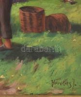 Verebes jelzéssel: Kerti munka. Olaj, karton. Sérült. Fakeretben. 52x62 cm