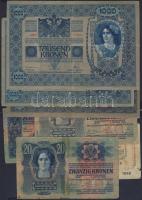 1902-15. 10K (3x), 20K (2x), 1000K (3x) mindegyik piros "Magyarország" körbélyegzővel össz...