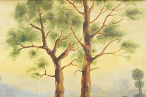 Ligetty József jelzéssel: Vízparti táj. Olaj, falemez. Dekoratív, kissé sérült fakeretben. 57x98,5 c...