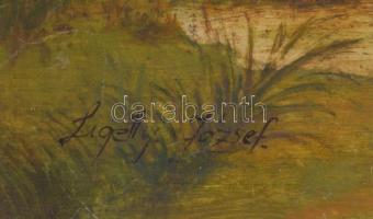 Ligetty József jelzéssel: Vízparti táj. Olaj, falemez. Dekoratív, kissé sérült fakeretben. 57x98,5 c...