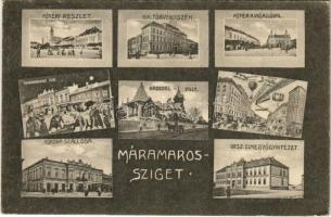 1913 Máramarossziget, Sighetu Marmatiei; Fő tér, törvényszék, Vigadó, Korona szálloda, Groedel villa, Országos elmegyógyintézet (tébolyda), a város 100 év múlva, éjjeli montázs részeg férfiakkal. Halpert Jakab kiadása / main square, court, hotel, villa, mental hospital (asylum), montage in the future and drunk men at night