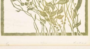 Kádár György (1912-2002): Ősz. Linómetszet, papír, jelzett, számozott (37/100), üvegezett fakeretben...