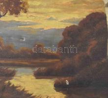 Olvashatatlan jelzéssel: Gólya a tájban. Olaj, vászon, sérült. Dekoratív, sérült fakeretben, 37,5×47...