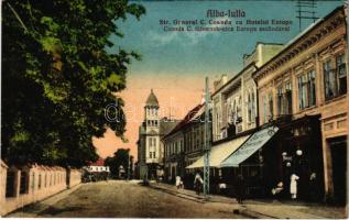Gyulafehérvár, Alba Iulia; Coanda C. tábornok utca, Európa szálloda, maikűr szalon üzlet / street, hotel, manicure salon (ragasztónyom / glue marks)