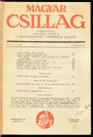 Magyar Csillag III. évfolyamának (1943) 5, 6, 7, 13, 15, 21, 23. száma. 7 db szám egybekötve. A Magyar Csillag (1941. október 1. -- 1944. április 1.) irodalmi és kritikai folyóirat, a Nyugat utódja a második világháború alatt. A számokban többek között : Illyés Gyula , Radnóti  Miklós, Németh László , Tamási Áron, Karinthy Gábor , Kálnoky László, Szabó Lőrinc, Márai sándor és Weöres Sándor, Berda Jósef és Pilinszky János első közlésű műveivel. Jellegtelen félvászon kötésben, a számok között néhányban aláhúzások, jegyzetek, ennek ellenére jó állapotban.