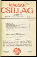Magyar Csillag III. évfolyamának (1943) 1-4 , 9 , 12, 16 , 19 , 24. száma. 9 db szám egybekötve. A Magyar Csillag (1941. október 1. -- 1944. április 1.) irodalmi és kritikai folyóirat, a Nyugat utódja a második világháború alatt. A számokban többek között : Illyés Gyula , Radnóti  Miklós, Németh László , Tamási Áron, Karinthy Gábor , Kálnoky László, Szabó Lőrinc, Márai sándor és Weöres Sándor első közlésű műveivel. Jellegtelen félvászon kötésben, jó állapotban.
