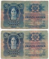 1913. 20K (2x) az egyik piros "MAGYARORSZÁG" felülbélyegzéssel T:VG szakadás