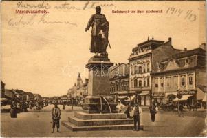 1914 Marosvásárhely, Targu Mures; Széchenyi tér, Bem szobor, piac, üzletek. Porjes S. Sándor kiadása / square, statue, market, shops (EB)