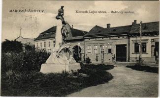 1910 Marosvásárhely, Targu Mures; Kossuth Lajos utca, II. Rákóczi Ferenc szobor, üzletek. Porjes S. Sándor kiadása / street view, statue, shops