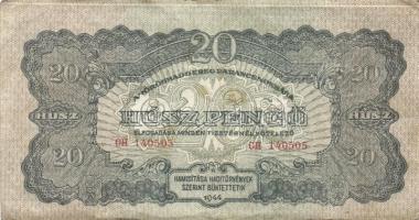 1944. 20P "V.H." (2x) mindkettőn felső ívszélen mindkét oldalon erős fehér csík, az egyik ...