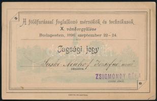 1896 Bp., A földfúrással foglalkozó mérnökök és technikusok X. vándorgyűlésére szóló tagsági jegy, Suski-Neuhof Józsefné részére