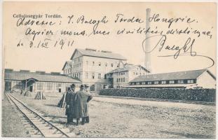 1911 Torda, Turda; Cellulózgyár. Füssy József kiadása / cellulose factory, pulp factory + BRASSÓ - BUDAPEST 40 D vasúti mozgóposta bélyegző (EB)