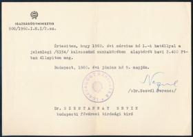 1960 Bp., Nezvál Ferenc igazságügy-miniszter által aláírt okirat