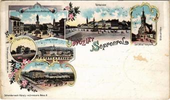 1898 (Vorläufer) Sopron, Széchenyi szobor és tér, Várkerület, Szent Mihály templom, Győri pályaudvar, GySEV (Győr-Sopron-Ebenfurt) vasútállomás, gőzmozdony, vonat, Deák tér, Lähne Intézet. Schwidernoch Károly műintézete Art Nouveau, floral, litho (EB)