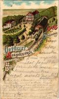1899 (Vorläufer) Budapest XII. Svábhegy, Fogaskerekű vasút végállomása, vasútállomás, szálloda, Szakál László üzlete. Kellner & Mohlrüder Art Nouveau, floral, litho (vágott / cut)