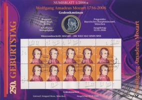 Németország 2006. 10€ Ag "Wolfgang Amadeus Mozart" nagyalakú emlékíven elsőnapi bélyegzős bélyeg-kisívvel, ismertetővel T:BU