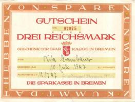 Németország/Nemzetközi megszállás/Bremen/Sparkasse 1947. 3RM nagyalakú bón, vízjeles papíron T:II