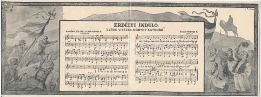 Erdélyi induló. Előre vitézek, Horthy katonák! Zilahi Farnos E. zenéje, Naményi Zoltán-Zilahi Farnos E. szövege. Kiadja a Magyar Nemzeti Szövetség. 2-részes kinyitható irredenta kottás képeslap / WWII Hungarian Army's Transylvanian military anthem, irredenta propaganda, 2-tiled folding card with sheet music s: Buday (EK)