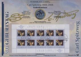 Németország 2008. 10€ Ag "Carl Spitzweg" nagyalakú emlékíven elsőnapi bélyegzős bélyeg-kisívvel T:BU