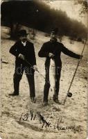 1911 Zólyombrézó, Podbrezová; osztrák-magyar katona a sikeres horgászat után / WWI Austro-Hungarian K.u.K. soldier after fishing, photo + "ZOLYOMBREZO P.U." (szakadás / tear)