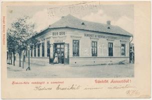 1901 Dunaharaszti, Haraszti; Simon-féle vendéglő és corsó, bor, sör és pálinka kimérés, bemenet a kertbe és étterembe, kaszinó. Divald Károly kiadása + "HARASZTI P.U." + RÁCZKEVE-BUDAPEST" vasúti mozgóposta (EK)