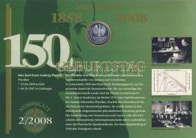 Németország 2008. 10€ Ag "Max Planck" nagyalakú emlékíven elsőnapi bélyegzős bél...
