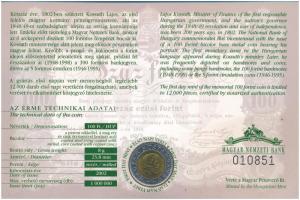 2002. 100Ft Ni-Cu-Zn "Kossuth" elsőnapi veret sorszámozott "010851" díszlapon T:...