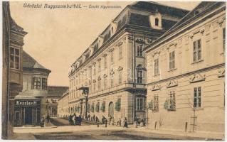 1909 Nagyszombat, Tyrnau, Trnava; Érseki főgimnázium, Kessler P. üzlete. Horovitz Adolf kiadása / school, shop (r)
