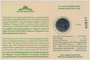 2005. 10Ft Cu-Ni "József Attila" sorszámozott emléklapon, "01924" sorszámmal T:U...