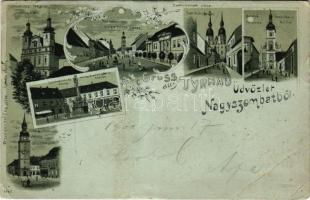 1900 Nagyszombat, Tyrnau, Trnava; Invalidus templom, Alsó hosszú utca, Szeminárium utca, Barátok temploma, Szentháromság oszlop, Városi torony. Horovitz Adolf kiadása / churches, streets, trinity statue, tower. Art Nouveau, floral, litho (EB)