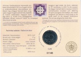 2016. 50Ft Cu-Ni "70 éves a forint" első napi veret sorszámozott emléklapon "01146&qu...
