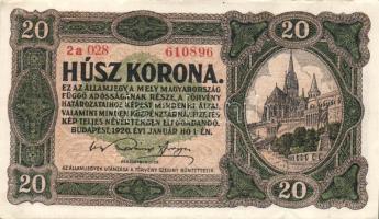 1920. 20K (2x) százon belüli ugrású sorszámokkal, egyiken előlapi függőleges fekete és vízszintes fehér vékony vonallal T:II+