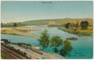 1912 Vágújhely, Neustadt an der Waag, Nové Mesto nad Váhom; vasútvonal, komp. Horovitz Adolf kiadása / Povazie, Beckov / Váh valley, ferry, railway line (apró szakadás / tiny tear)
