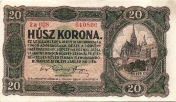 1920. 20K (2x) százon belüli ugrású sorszámokkal, egyiken előlapi függőleges fekete és vízszintes fe...