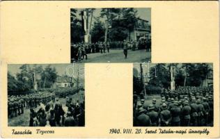 1944 Taracköz, Teresva; Szent István napi ünnepély, honvédek, Országzászló. Popovics Lajos kiadása / National Day on 20 August in 1940, Saint Stephen's Day in Teresva, Hungarian military parade, soldiers marching, Hungarian flag (EK)