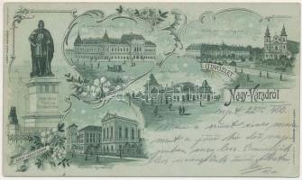 1900 Nagyvárad, Oradea; Szent László király szobor, Premontrei főgimnázium, Kereskedelmi csarnok, Sport pavilon, Püspöki palota és székesegyház / statue, grammar school, trade hall, sport pavilion, bishop&#039;s palace and cathedral. Art Nouveau, floral, litho (EK)