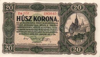1920. 20K (3x) sorszám utolsó betűje mindegyiken felfelé csúszva, egyike erős papírránc T:I-
