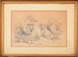 Zsigmondy Rózsa, működött a XIX. században: Ház kúttal, 1864. Ceruza, papír, jelzett. Üvegezett fakeretben, 19×27 cm