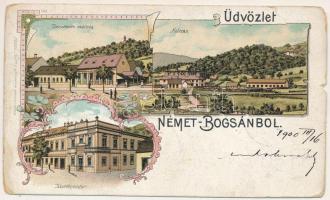 1900 Boksánbánya, Németbogsán, Deutsch-Bogsan, Bocsa Montana; Demetrovits szálloda, Kolczán, Takarékpénztár. Enders L.V. kiadása / hotel, savings bank, limestone mine and quarry, Art Nouveau, floral, litho (szakadások / tears)