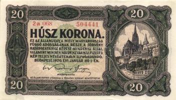 1920. 20K (3x) egymásutáni sorszámokkal T:I- egyiken folt