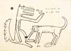Wahorn András (1953-): Farkast leszopó cica. Tus, papír, jelzett, foltos. Hátoldalán ragasztószalaggal. 24,5×34,5 cm