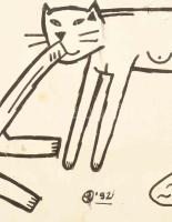 Wahorn András (1953-): Farkast leszopó cica. Tus, papír, jelzett, foltos. Hátoldalán ragasztószalagg...