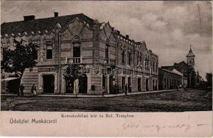 1907 Munkács, Mukacheve, Mukacevo; Kereskedelmi kör és református templom, Hausman H. és Veje, Goldstein Sándor és Berger Herman üzlete / Calvinist church, shops